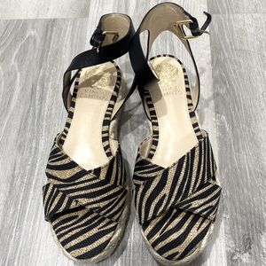 Vince Camuto: espadrille flats in a leather ankle-strap sandals.